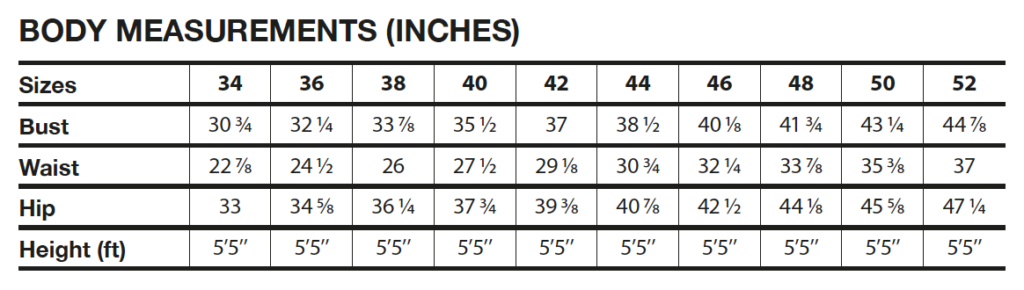 I AM Patterns Body measurements chart sizes 34 to 52